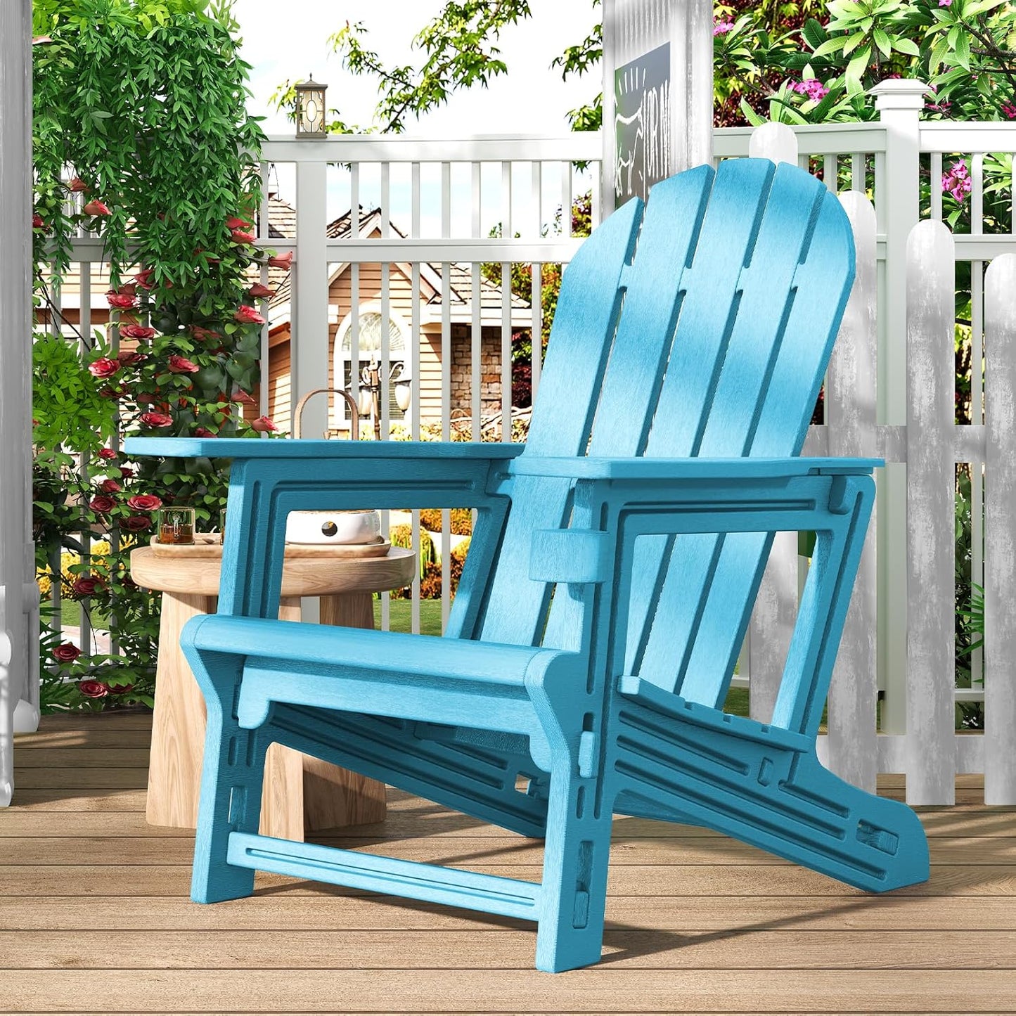 Adirondack Chair, Tool-Free Assembly All-Weather Adirondack Chairs, HDPE Fire Pit Chairs with Cup Holder, Outdoor Chair for Patio Garden（Lake Blue）