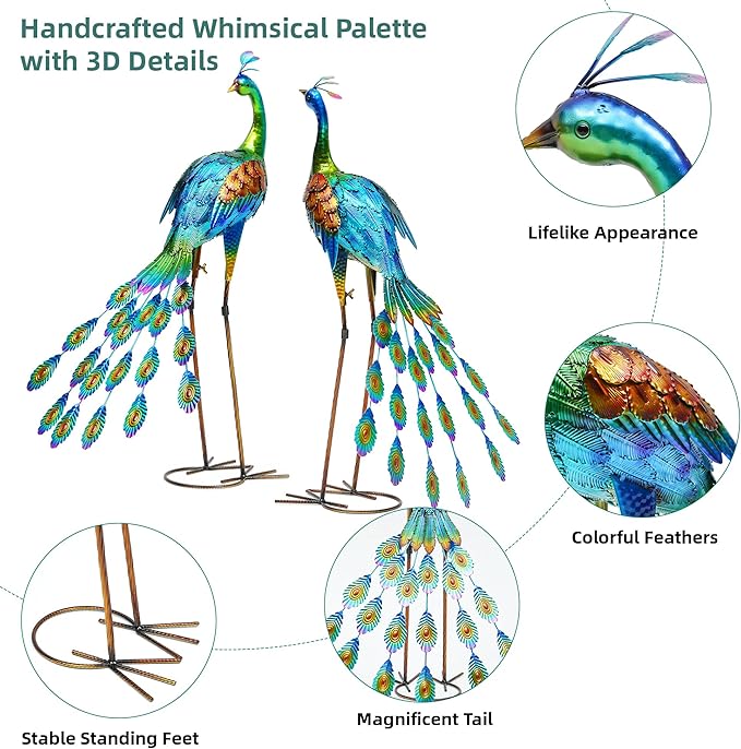 32" Tall Metal Peacock Garden Decor Outdoor Statues, Metal Standing Couple Peacock Decor for Outdoor, Handcrafted Garden Art Sculptures for Patio, Yard, Lawn Home Decoration, Set of 2