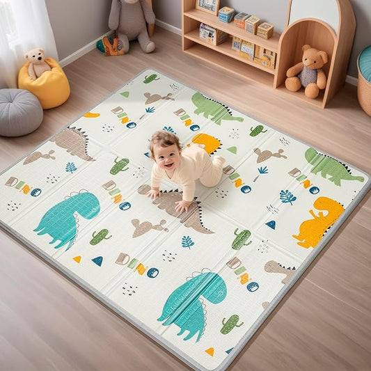 Foldable Baby Play Mat, PIGLOG Waterproof Playmats for Babies and Toddlers Kids, Safe Foam Playmat for Tummy Time, 50x50 Playpen Mat, Reversible Portable Baby Floor Mat for Infant, Toddler, Dinosaur