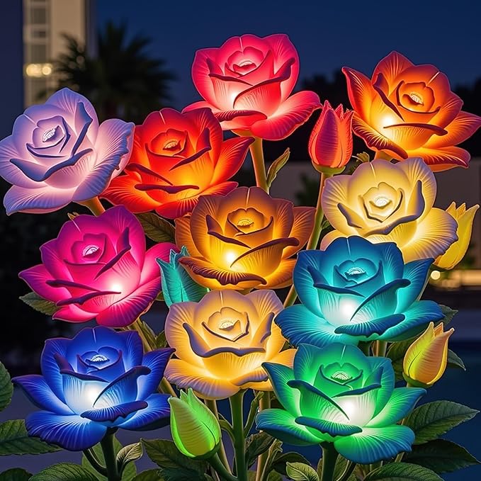 KOOPER 6 Pack Solar Lights Outdoor Garden Decor, 7 Color Changing Solar Flowers Outdoor Waterproof with 30 Bigger & Realistic Rose, Enlarged Size Panel for Patio Yard Garden Cemetery Decoration, Gifts