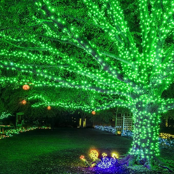 JMEXSUSS 2 Pack Green Solar Fairy Lights, Each 33ft 100 LED Green Solar Lights Outdoor, Waterproof St Patricks Day String Lights for Outside Patio Garden Party Tree Decorations