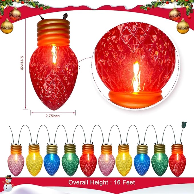 16FT Jumbo Christmas Lights,C7 Jumbo Xmas String Light Christmas Outdoor Decorations Lights with 10 Large Diamond Pattern Multicolor Bulb for Holiday Home Roof Yard Garden Decorations