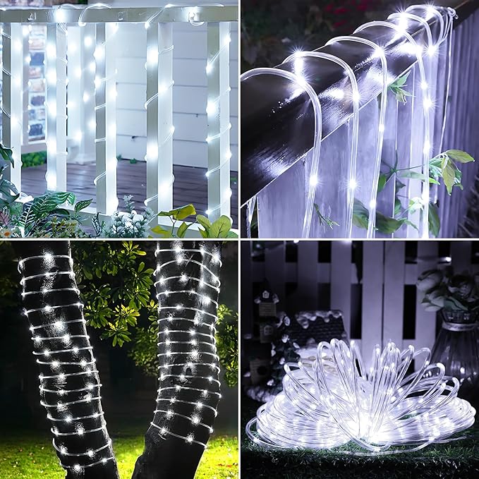 Solar Rope Lights, 66ft 200LED String, 8 Modes Waterproof Powered Outdoor, Flexible Clear Tube for Garden, Backyard, Patio, Deck, Porch, Pool, Tree Decorative - White