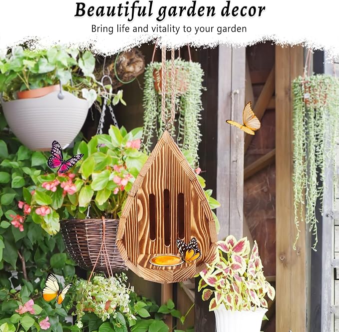 Wooden Butterfly House and Feeder, Hanging Butterfly House for Garden, Natural Butterfly Habitat with Butterfly Puddler for Outside Butterflies, Moths - Backdoor, Easy to Clean