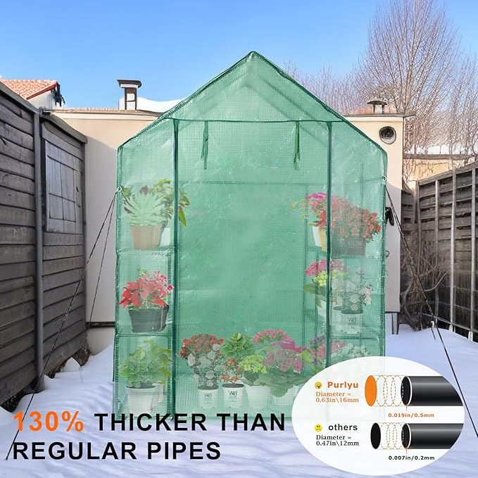 Walk-in Greenhouse for Outdoors, Thickened PE Cover & Heavy Duty Powder-Coated Steel, Mesh Door & Screen Windows, 14 Sturdy Shelves 4.7x4.7x6.4 FT, (GHW002G)