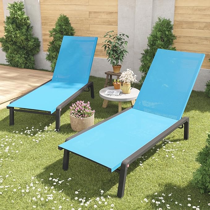 Patio Chaise Lounge Set of 2 with 4 Adjustable Backrest, Foldable Aluminum Chaise Lounge Chair Recliner for Outdoor, Poolside, Sun Tanning Blue