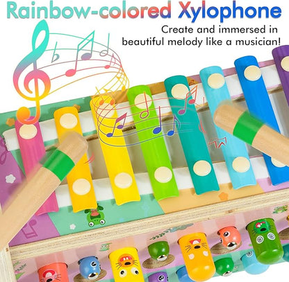 6-in-1 Wooden Montessori Toys for 1 Year Old, Mole-Tapping Game | Play The Xylophone | Frog Clock | Carrot Harvest Game | Spinning Gear, Baby Toy Gift for Early Learning