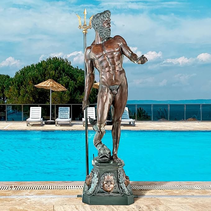 Design Toscano DD3123 Poseidon Man of The Sea Greek Mythology Indoor/Outdoor Garden Statue, 17 inches Wide, 67 inches Tall, Heirloom Cast Bronze, Verdigris Green & Sepia Brown Finish
