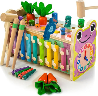 6-in-1 Wooden Montessori Toys for 1 Year Old, Mole-Tapping Game | Play The Xylophone | Frog Clock | Carrot Harvest Game | Spinning Gear, Baby Toy Gift for Early Learning