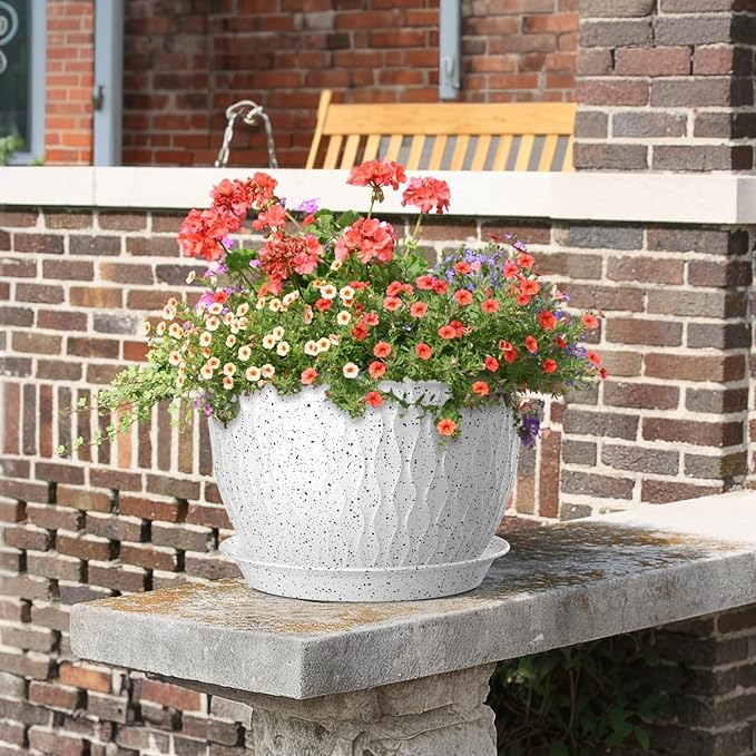 12/10/9 inch Large Flower Pots, 3 Set Big Plant Pots for Outdoor Indoor Plants with Water Ripples, Wide Plastic Planters with Drainage Holes and Saucers for Garden House Plants, Speckled White
