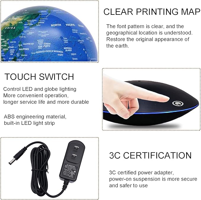 6" Magnetic Levitation Floating Globe Anti Gravity Rotating World Map with LED Light 7 Colors Display Floating Globe for Children Educational Gift Home Office Desk Decor (Style 2)