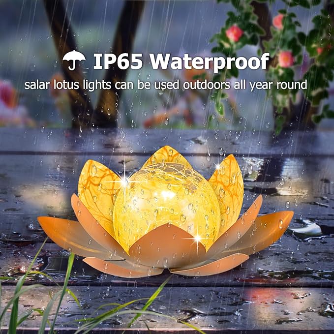 Huaxu Solar Lights Outdoor Garden Decoration Crackle Globe Glass Waterproof LED Metal Peach Lotus Flowers Gift for Mom,Women,Patio,Lawn,Walkway,Tabletop,Ground