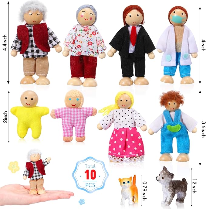 Skylety 10 Pcs Wooden Dollhouse Set of Mini People Figures Dollhouse Dolls Wooden Doll Play Figures Accessories(Rustic Style)