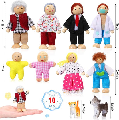 Skylety 10 Pcs Wooden Dollhouse Set of Mini People Figures Dollhouse Dolls Wooden Doll Play Figures Accessories(Rustic Style)