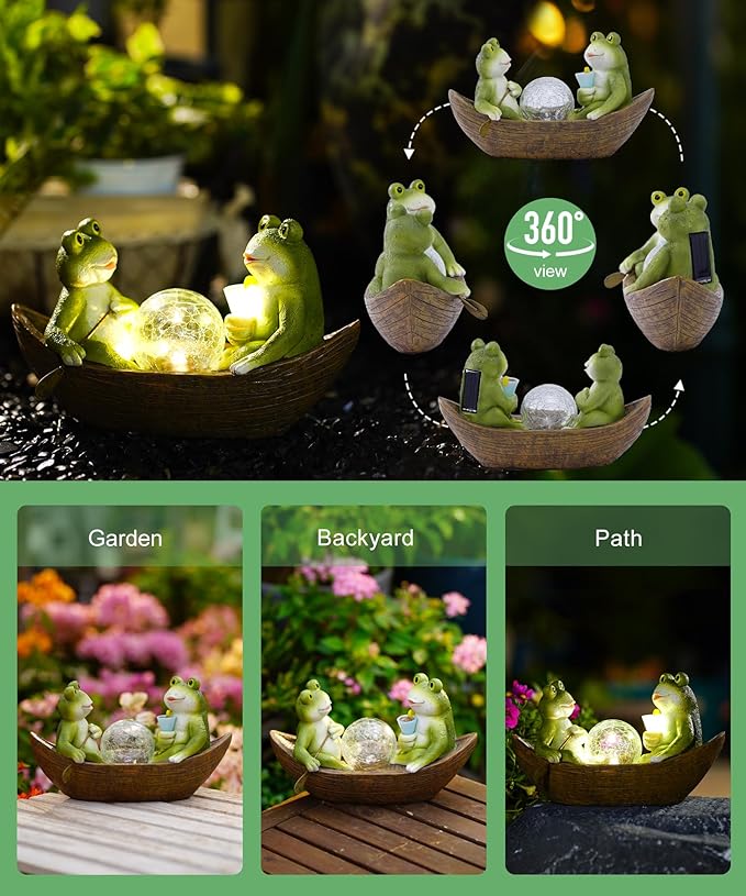 Solar Frogs Boating Statue Garden Decor: Outdoor Sculpture Lights Decorations Art Ornament Yard Lawn Backyard - Ideal Gifts for Women Mom Grandma