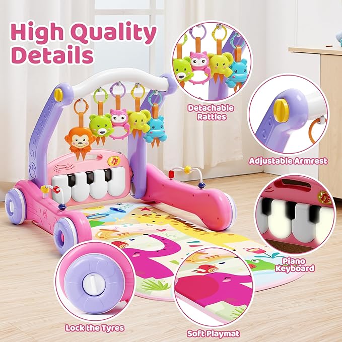 2 in 1 Baby Gym Play Mat with Walker, Kick and Play Piano Gym Activity for Boys Girls, Musical Activity Center Tummy Time Mat for 0-3-6-12-18 Months, Learning Walker Play Gym for Infant Toddler Gift