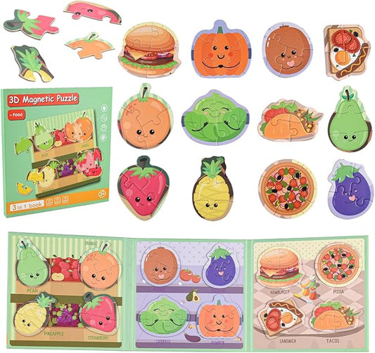 ASTARON 3D Magnetic Puzzle with 80 Puffy Stickers for Toddlers, 42 Pieces 3-in-1 Food Puzzles Preschool Education Learning Travel Toys Car Plane Activities for Kids Road Trip Birthday Gifts