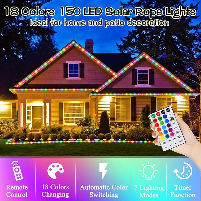 LitHome 18 Colors 50FT Solar Outdoor String Lights Waterproof,Color Changing 150 LED Rope Lights, Remote Controlled Fairy String Tube Lights for Outside Fence Trampoline Yard Christmas Decor