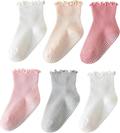 6 Pairs Toddler Ruffle Socks for Girls - Baby Grip Socks with Non-Slip, Cute Grippy Frilly Design