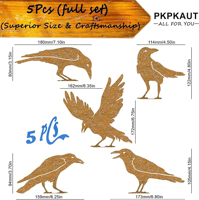 5Pcs Rusty Birds Metal Art Crow for Fence Decorations Outdoor, Metal Birds Craft Statue Ornaments Fence Topper Decor, Metal Bird Silhouette with Rusty Yard Art