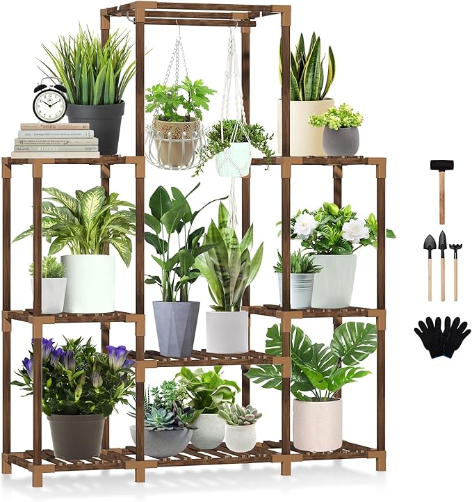 Uneedem Plant Stand Indoor Outdoor Tall Shelf for Multiple Plants 8 Tiers 12 Pot Large Rack Pine Wood Corner Plant/Flower Holder for Room Corner Balcony