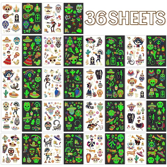 Temporary Tattoos for Day of the Dead, 36 Sheets Glow in the Dark Fake Tattoos for Adults and Kids, 180 Patterns for Halloween Make Up Party, Skull Skeleton Cat Ghost Guitar Sticker