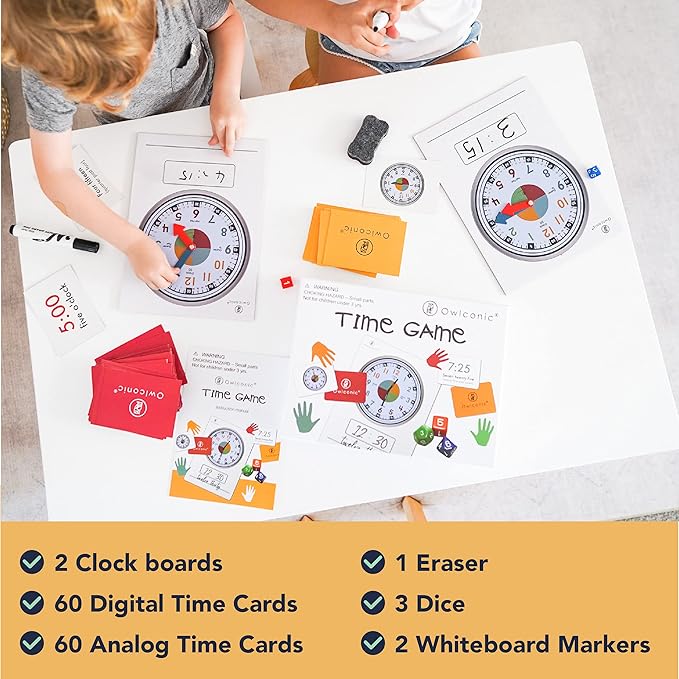 OWLCONIC Learning Time Game - 128 Piece Teaching Aid to Help Kids Learn Analog and Digital Time - Educational Resource Toy for Children - Kindergarten Homeschool Supplies