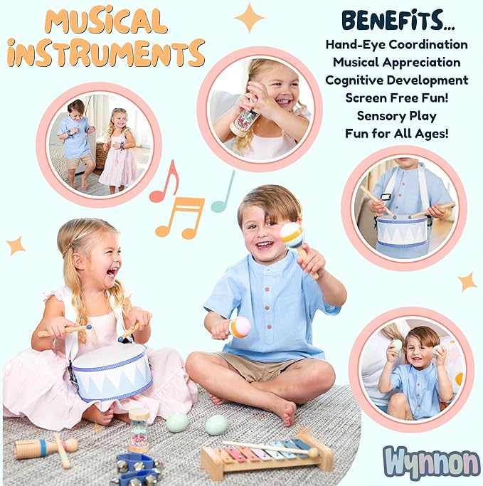 Baby Wooden Musical Instruments Set -7 PCS Montessori Percussion Toys for Toddlers & Kids - Safe Natural Wood Waldorf Toys for Hand-Eye Coordination, Sensory Play & Screen-Free Family Fun