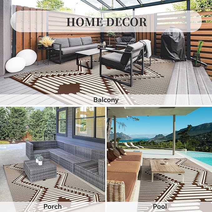MontVoo Outdoor Rug-Waterproof Patio Rug Mat 5x8 Outdoor Carpet Mat Reversible Plastic Straw Outside Outdoor Rug for RV Camping Picnic Balcony Backyard Pool Deck Porch Modern Boho Beige Brown