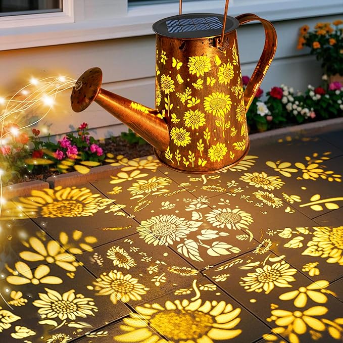 VOOKRY Solar Lights Outdoor Decoration, Large Hanging Metal Solar Watering Can Lights Waterproof Sunflower Garden Decor Yard Lights Outside for Porch Lawn Patio, Birthday Gifts for Women Mom Grandma