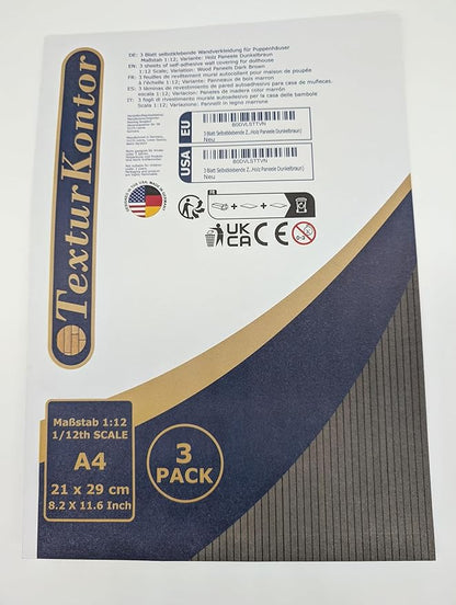 3 Sheets Self-Adhesive Wall Cladding for Dollhouse 1:12 Scale (Wood Peneele Dark Brown)