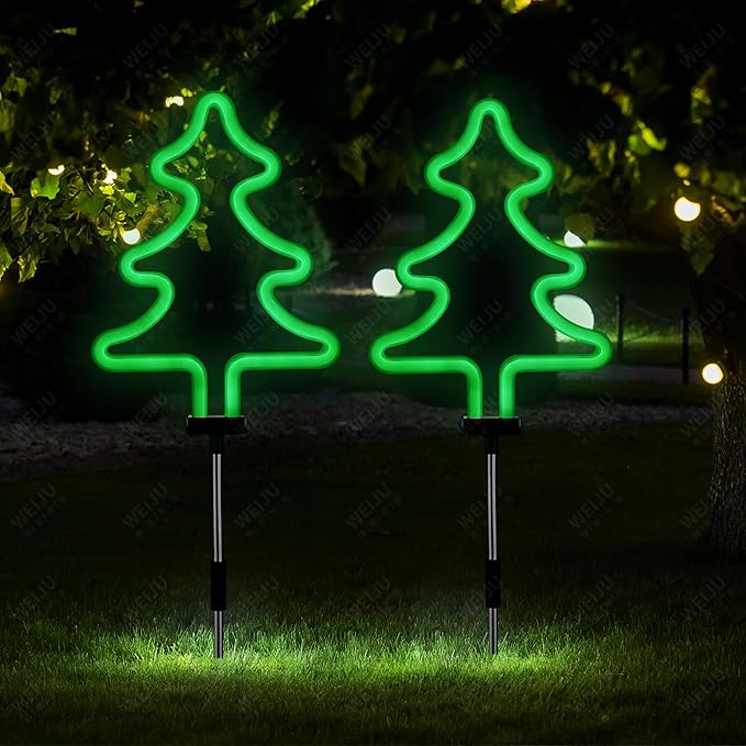 BlcTec Christmas Decorations Outdoor, 4PCS Neon Christmas Tree Shape Lights with Stainless Steel Stakes, 4 Xmas Tree Garden Lights with Waterproof for Garden Patio Yard Lawn Décor, Green