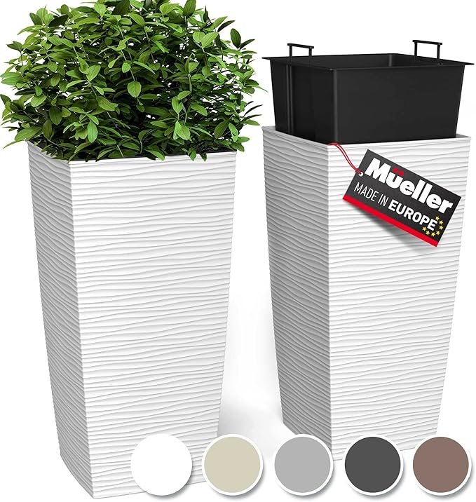 Mueller M-Resin Heavy Duty Tall Planter, Indoor/Outdoor Grande Plant, Tree, Flower Pot, 2-Piece Set, 18”, Modern Design, Built-in Drainage, White