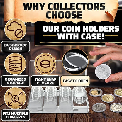 60 Pcs Silver Dollar Holder Case - Universal Sizes (30/33/38/40mm) with Foam Gaskets and Moisture Protection - Transparent Plastic Capsules with Organizer Box for Collectors