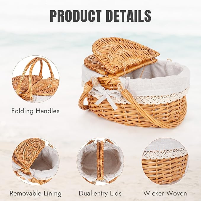 Happypicnic 12" Picnic Basket - Small Wicker Basket with Foldable Handle Lid & Removable Liner | Cute Picnic Basket Toy Empty for Kids, Gift, Halloween, Christmas, Valentines, Easter, Birthday, Solid