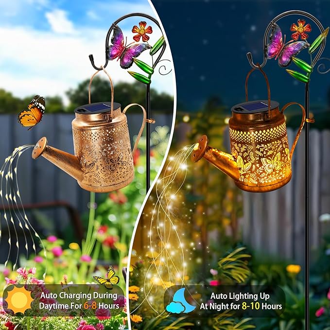 Solar Watering Can Lights, Butterfly Hanging Lantern Solar Lights Outdoor, Waterproof Garden Decor Outside Patio Yard Pathway Backyard, Gardening Gifts for Mom Grandma Women Birthday Mother's Day