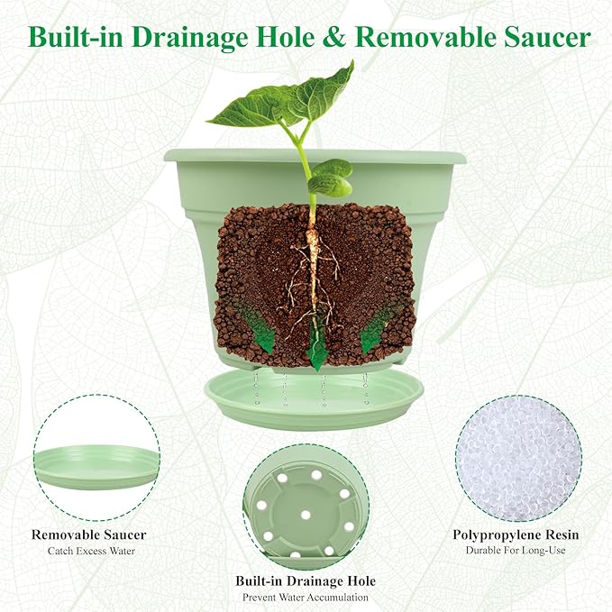 9 Inch Plastic-Flower Pot-for-Indoor Plants, 4 Pack Large Outdoor Planter Pot with Drainage Holes & Saucers, Resin Decorative Garden Pots Planters