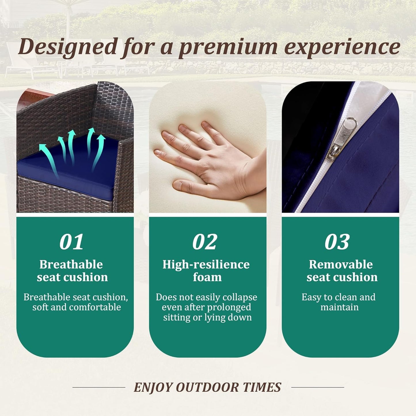 3 Piece Patio Furniture Set - Outdoor Conversation Sets with Coffee Table, Rattan Chair Set for Garden/Poolside, Brown/Navy Blue