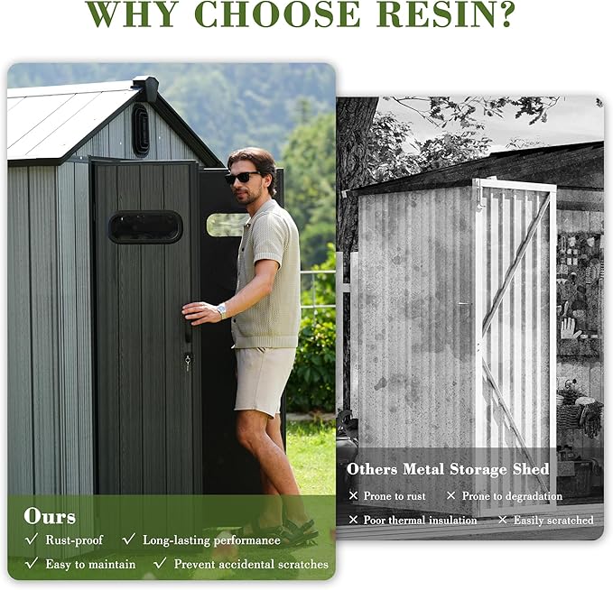 Domi 6x6FT Outdoor Resin Storage Shed with Transparent Windows & Louvered Vents, Plastic Tool Shed with Double Lockable Doors & Gable Roof, Outside Garden Shed for Backyard, Patio, Lawn, Grey