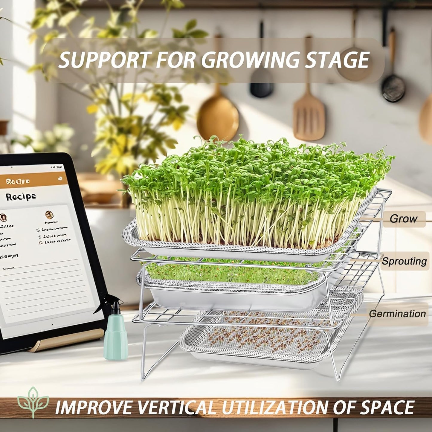 Sprouts Growing Rack 4-Tier 14 inch Shelf, Metal Foldable Plant Stand for Sprouting Tray Indoor, Seed Starting Tray Plant Shelf, Silver Rack for Kitchen Table Top Space Saving