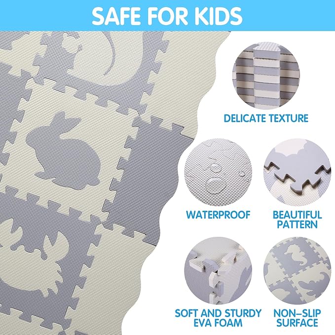 Foam Play Mat for Kids，25Pcs Square Interlocking Puzzle Floor Mat，Baby Play Mat Floor Mat Foam Puzzle Playmat for Toddlers with Fence（Animal-CSH039