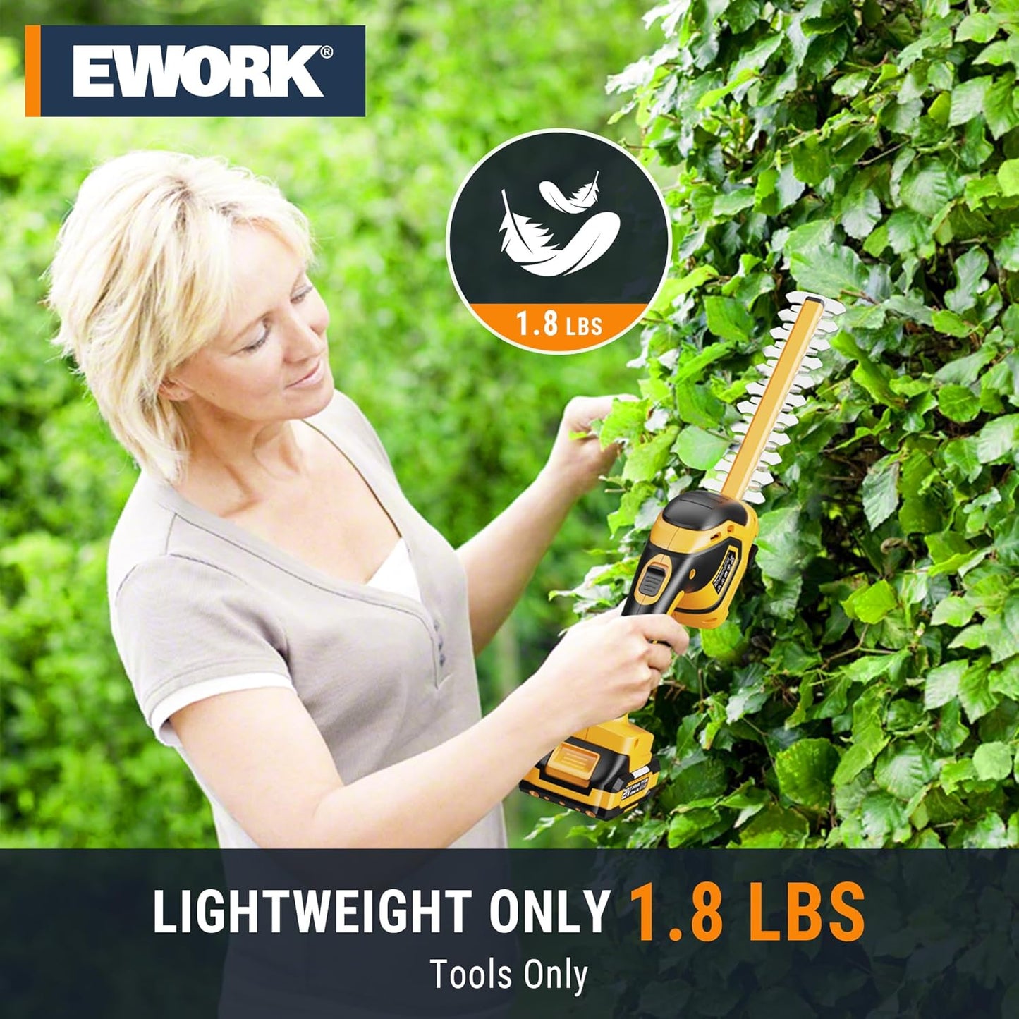 EWORK 21V Cordless Hedge Trimmer & Grass Shears 2-in-1 Handheld Small Electric Bush Trimmer with 2x2.0Ah Battery and Charger, Battery Powered Shrub Trimmer for Garden, Yard, Lawn Maintenance