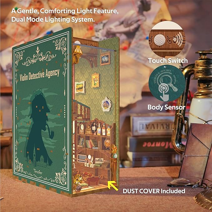 Tonecheer DIY Book Nook Kit for Adults, Wooden 3D Puzzle Bookend Bookshelf Insert Decor, Detective Booknook Miniature House Kit with Dust Cover and Body Motion Sensor LED (Violin Detective Agency)