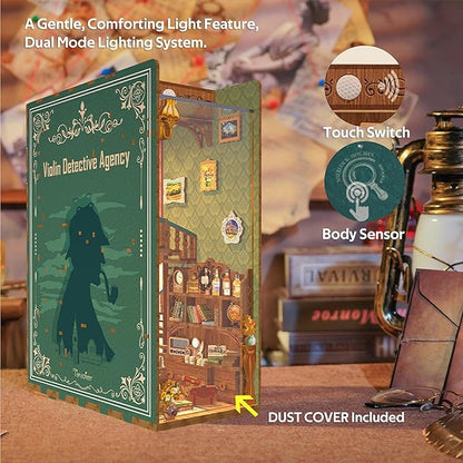 Tonecheer DIY Book Nook Kit for Adults, Wooden 3D Puzzle Bookend Bookshelf Insert Decor, Detective Booknook Miniature House Kit with Dust Cover and Body Motion Sensor LED (Violin Detective Agency)