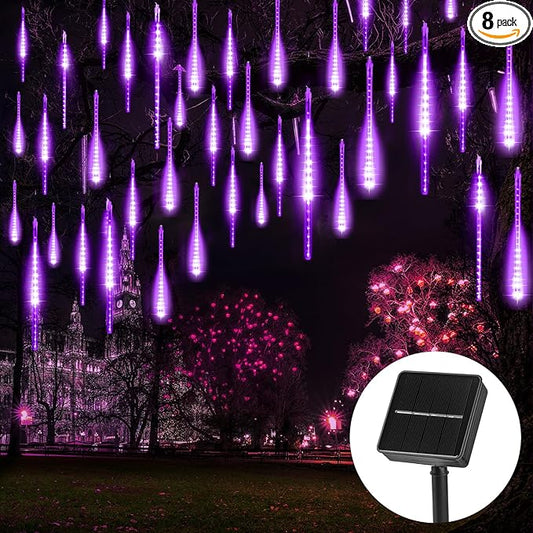 Purple Solar Christmas Lights, 16 Inches 8 Tube 288 LED Solar Meteor Shower Lights with 16 Tubes, Icicle Fairy String Lights for Christmas Decorations Tree Party Yard, Purple
