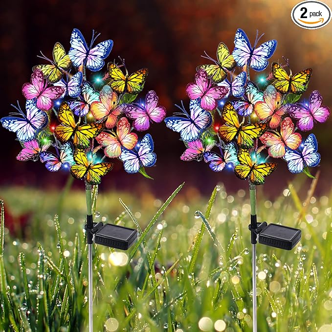 Solar Garden Lights Outdoor Waterproof Decorative Solar Lights Outdoor 2 Pack with 44 LED 34 Butterfly Flower Garden Decor Yard Patio Lawn, Gifts for Mother's Day Mom Women
