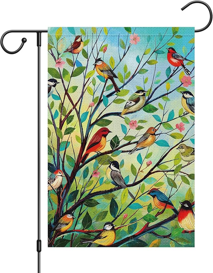 Louise Maelys Spring Welcome Garden Flag Bird Tree Double Sided 12x18 Inch Floral Small Burlap Holiday House Yard Outdoor Outside Home Decor