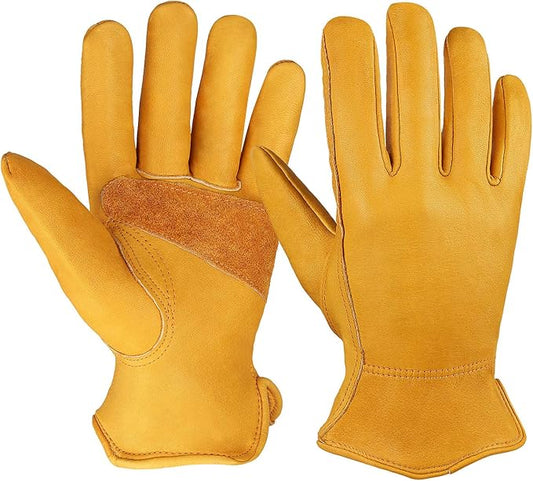 OZERO Flex Grip Leather Work Gloves Stretchable Wrist Tough Cowhide Working Glove 1 Pair (Gold, X-Large)