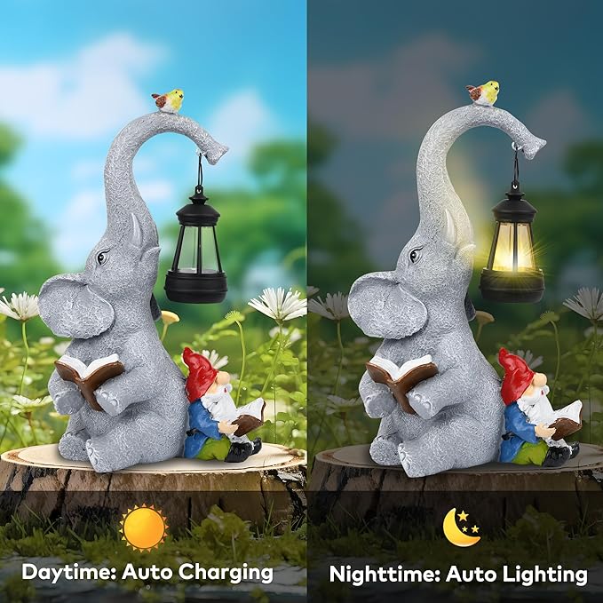 Solar Outdoor Garden Statues Lights, Elephant Figurines with Cute Gnome Garden Sculpture Decor, Luck Elephant Gifts for Woman Mother or Daughter, Unique Housewarming Gifts and Yard Decor