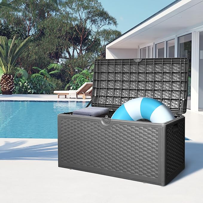 80 Plus Gallon Resin Deck Box, Waterproof Outdoor Storage Bin for Patio, Poolside, and Garden, Lockable & UV-Resistant, Ideal for Small Spaces, Black
